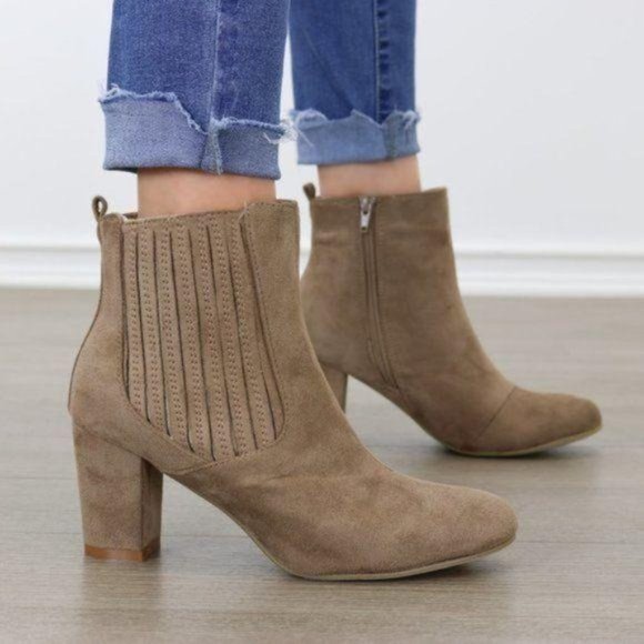 Vegan Suede Taupe Block Heel Ankle Bootie - Picture 2 of 6